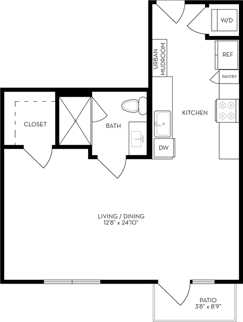 Floor plan for studio, 1 bath, 619 sqft